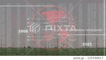 Displaying red digital globe floating above wind turbines, connecting error codes and year labels 135546617