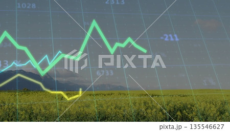 Displaying yellow crops stretching across farm field under mountains, with financial chart overlay Displaying yellow crops stretching across farm field under mountains, with financial chart overlay 135546627