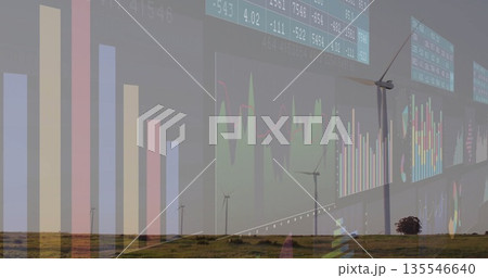 Displaying modern wind turbines spanning grassland, with bar graphs line charts and data panels Displaying modern wind turbines spanning grassland, with bar graphs line charts and data panels 135546640