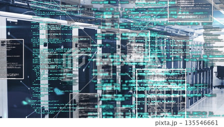 Streaming translucent code overlays across central rack row in data center, with patch cables 135546661