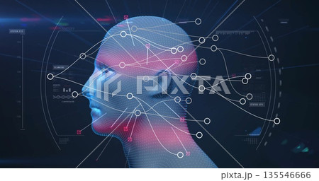 Showing wireframe head scanning with network nodes, HUD rings on dark blue screen, copy space Showing wireframe head scanning with network nodes, HUD rings on dark blue screen, copy space 135546666