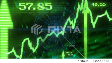 Displaying jagged green line chart trending upward on trading screen, with radar overlay and arrows Displaying jagged green line chart trending upward on trading screen, with radar overlay and arrows 135546678