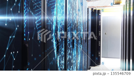 Displaying server racks showing network overlay in data center aisle, with floating binary digits Displaying server racks showing network overlay in data center aisle, with floating binary digits 135546709