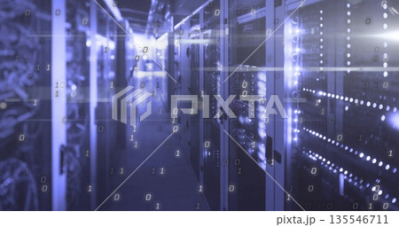 Illuminating server rack showing blinking LEDs in data center aisle, with binary flow, copy space Illuminating server rack showing blinking LEDs in data center aisle, with binary flow, copy space 135546711