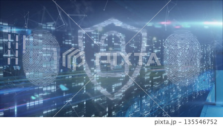 Projecting holographic shield icon floating in office, with fingerprint icons and network lines 135546752