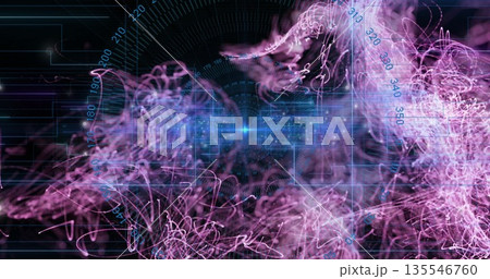 Swirling neon pink filaments converging toward bright blue light in digital space, with grid lines Swirling neon pink filaments converging toward bright blue light in digital space, with grid lines 135546760