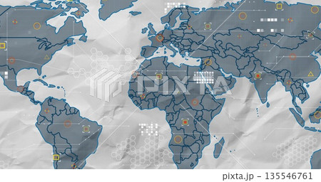 Projecting blue world map outlines with hexagon clusters and dotted grid arrays on virtual display Projecting blue world map outlines with hexagon clusters and dotted grid arrays on virtual display 135546761