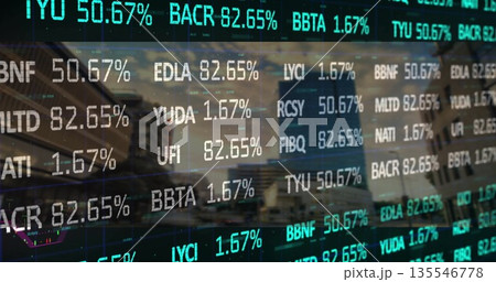 Displaying stock ticker overlay on financial district skyline at dusk, with grid line panels Displaying stock ticker overlay on financial district skyline at dusk, with grid line panels 135546778