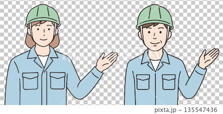 住宅リフォームを案内する男女の作業員・工務店スタッフのベクターイラスト 135547436