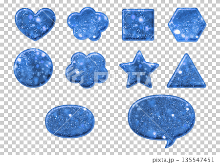 Three-dimensional blue glitter with hearts, squares, triangles, hexagons, circles, stars, clouds, ellipses, and speech bubbles 135547451