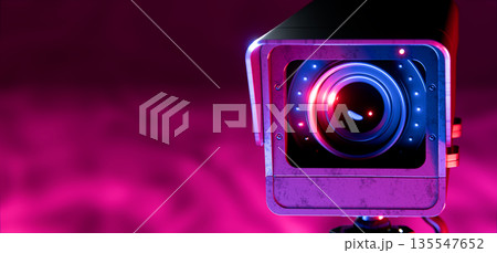 Cinematic Neon Surveillance Camera with Cyberpunk Lighting at Night 135547652