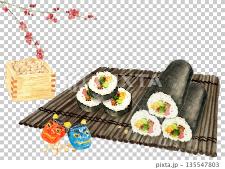 Watercolor illustration set of Ehomaki and Setsubun [Hand-drawn] White background Copy space 135547803