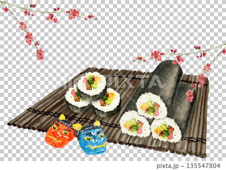 Watercolor illustration set of Ehomaki and Setsubun [Hand-drawn] White background Copy space 135547804