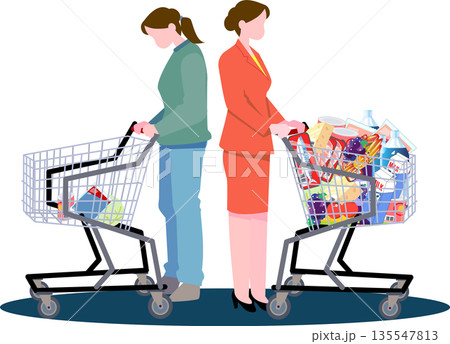 経済格差や物価高の影響による買い物量の違いを比較する二人の女性のイラスト 経済格差や物価高の影響による買い物量の違いを比較する二人の女性のイラスト 135547813
