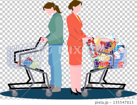 経済格差や物価高の影響による買い物量の違いを比較する二人の女性のイラスト 経済格差や物価高の影響による買い物量の違いを比較する二人の女性のイラスト 135547813