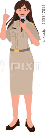 female Thai government officer holding a microphone, raising one finger, speaking or making an announcement 135547815