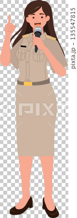 female Thai government officer holding a microphone, raising one finger, speaking or making an announcement 135547815