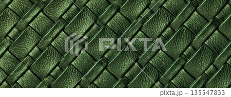 Texture dark green leather background with woven braided pattern, macro. Abstract olive upholstery surface 135547833