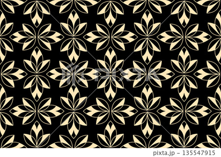 Flower geometric pattern. Seamless vector background. Golden and black ornament Flower geometric pattern. Seamless vector background. Golden and black ornament 135547915