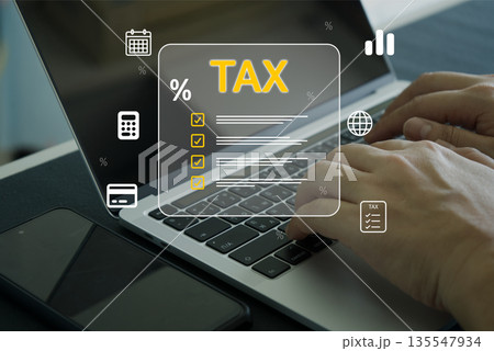 Hands typing on laptop with virtual tax checklist and finance icons, representing online tax filing, Hands typing on laptop with virtual tax checklist and finance icons, representing online tax filing, 135547934