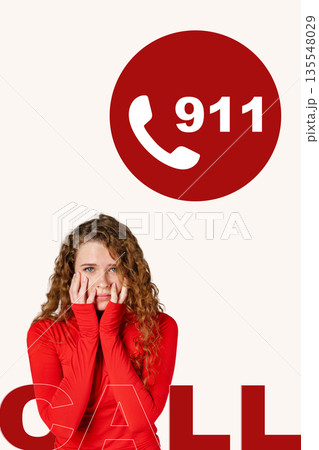 911 call features woman in distress with red graphic background and bold text 911 call features woman in distress with red graphic background and bold text 135548029