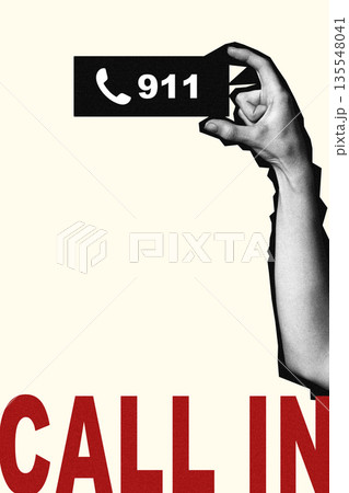 Hand holding a sign to call emergency services with a phone number displayed 135548041