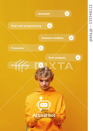Person in yellow hoodie interacts with AI chat bot on a bright background 135548112