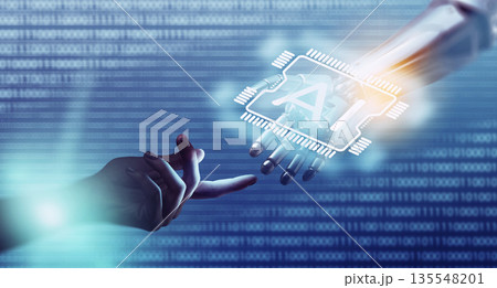 Hands of a human and a robot reach towards each other in a digital setting with binary code 135548201