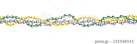 Green, purple and yellow bead garland in colors of Mardi Gras festival watercolor horizontal seamless banner on isolated background. Glass colored necklace pattern. Carnival decor. Green, purple and yellow bead garland in colors of Mardi Gras festival watercolor horizontal seamless banner on isolated background. Glass colored necklace pattern. Carnival decor. 135548333
