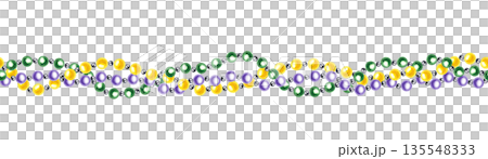 Green, purple and yellow bead garland in colors of Mardi Gras festival watercolor horizontal seamless banner on isolated background. Glass colored necklace pattern. Carnival decor. Green, purple and yellow bead garland in colors of Mardi Gras festival watercolor horizontal seamless banner on isolated background. Glass colored necklace pattern. Carnival decor. 135548333