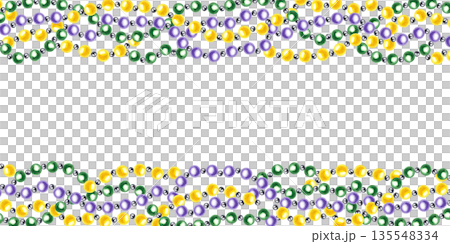 Colored Mardi Gras bead strings watercolor horizontal frame on isolated background. Glass necklace garland border with empty space for text. Decorative illustration for carnival invitation template. 135548334