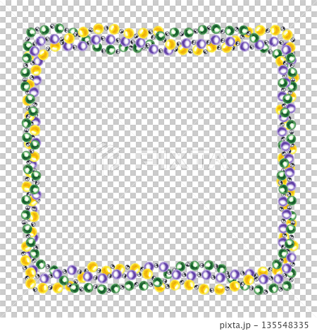 Watercolor Mardi Gras beads square frame on isolated background. Garland in green, purple, yellow colors. Festive border with copy space for text. Carnival symbol template for greeting cards, posters. 135548335