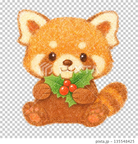 【聖誕節】色鉛筆插畫，一隻小熊貓拿著一片冬青葉。 135548425