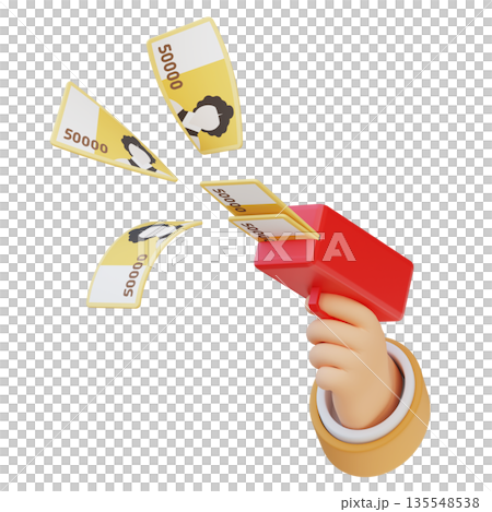 3D Render of Hand Holding Money Gun Blasting 50,000 Won Bills 135548538