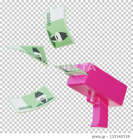 3D Render of Money Gun Shooting 10,000 Korean Won Banknotes 135548539