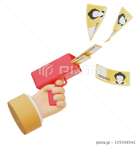 3D Render of Hand Holding Money Gun Blasting 50,000 Won Bills 135548542