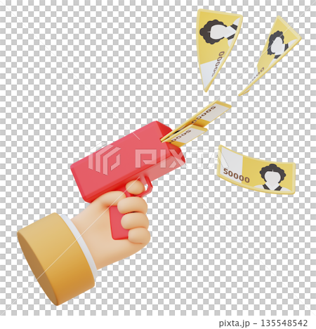 3D Render of Hand Holding Money Gun Blasting 50,000 Won Bills 3D Render of Hand Holding Money Gun Blasting 50,000 Won Bills 135548542