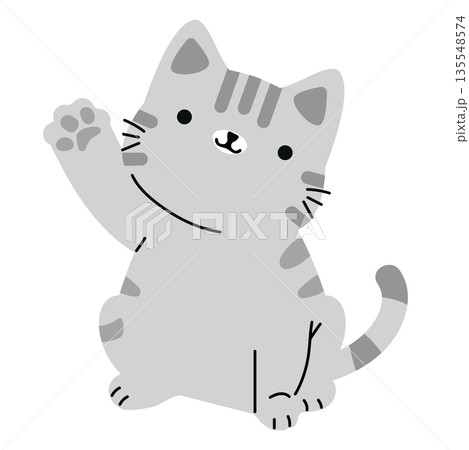 Cute Gray Cat Waving Hello Illustration 135548574