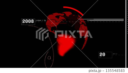 Displaying red globe spinning in futuristic interface, with dashed lines, red arc and data boxes 135548583