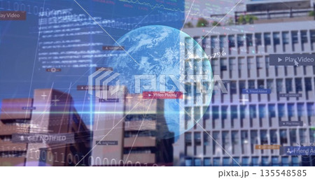 Displaying translucent 3D earth globe overlaying urban skyline, with binary streams and UI widgets Displaying translucent 3D earth globe overlaying urban skyline, with binary streams and UI widgets 135548585