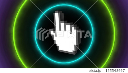 Pointing stylized pixel-art white hand cursor floating in digital graphic space, with neon rings Pointing stylized pixel-art white hand cursor floating in digital graphic space, with neon rings 135548667