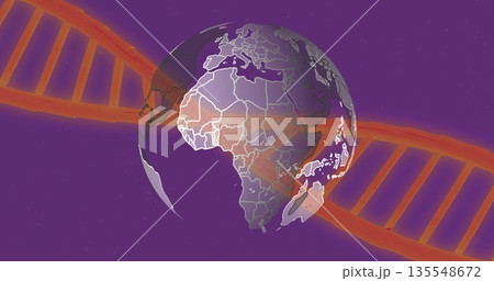Rotating Earth globe showing white continent outlines in cosmic backdrop with DNA double helix 135548672