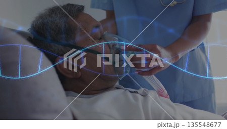 Nurse in blue scrubs adjusting oxygen mask on senior patient in hospital room, with DNA helix 135548677