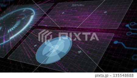 Displaying blue circular hologram floating over grid floor, with magenta streams and circuit icons 135548688