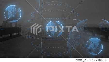 Floating holographic globe with rings on rooftop terrace with metal railings, overlooking skyline Floating holographic globe with rings on rooftop terrace with metal railings, overlooking skyline 135548697