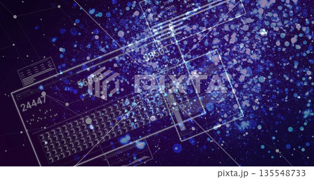 Floating grid of squares with lines in digital interface, with numeric labels, glowing particles Floating grid of squares with lines in digital interface, with numeric labels, glowing particles 135548733