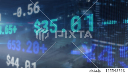 Displaying pixelated numbers on trading screen with LED ticker, dollar sign, plus-minus symbols 135548768