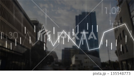 Floating financial chart overlay covering urban street, with numeric annotations and skyscraper 135548773