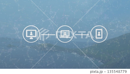 Displaying monitor laptop and phone icons connected with node overlay in coastal interface backdrop Displaying monitor laptop and phone icons connected with node overlay in coastal interface backdrop 135548779
