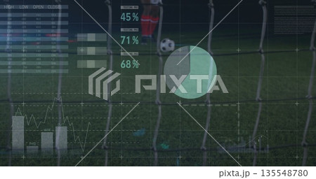 Displaying data over goal net at stadium pitch with soccer ball and athlete in red uniform Displaying data over goal net at stadium pitch with soccer ball and athlete in red uniform 135548780